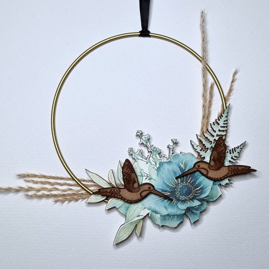 Blue Floral Hummingbird Wreath - 6 Inch